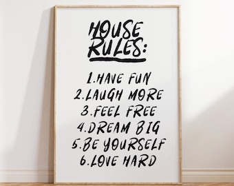 Trendy huisregels poster, zwarte regels digitale print, regels art print, retro kunst aan de muur, bar kar kunst, typografie print, positieve vibes print