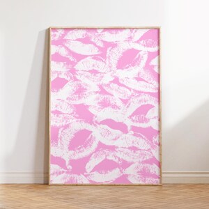 Impresión de beso de lápiz labial de moda Y2k arte de pared funky cartel de beso de boca rosa claro blanco impresión de arte de pared digital moderna impresión de beso francés