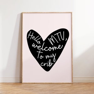 Hello MTV, Welcome to my crib Print, Black Heart Retro 70s Typography Room Decor, Quote TV Minimalist Wall Art, Aesthetic Cool Modern Poster