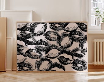 Trendy lipstick kisses print, Y2k funky Wall Art, Black mouth kisses poster, Modern digital wall art, Horizontal French kiss digital print