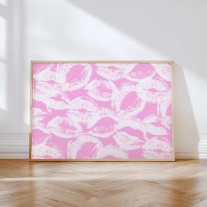 Impresión de beso de lápiz labial de moda Y2k arte de pared funky cartel de beso de boca rosa claro blanco arte de pared digital moderno impresión horizontal impresión de beso francés