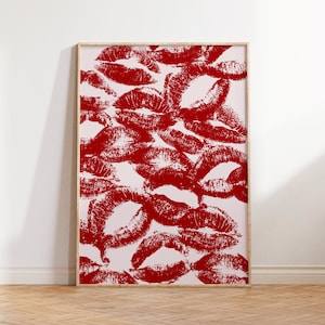 Trendiger Lippenstift-Küsse-Druck, Y2k-Funky-Wandkunst, Poster mit roten Mundküssen, moderne digitale Wandkunst, Frauen-Digitaldruck, französischer Kuss-Druck