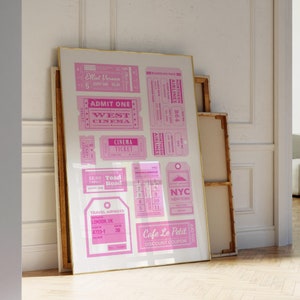 Trendy Tickets Print, Retro Coupon Cinema Theater Plane Pink Ticket, Preppy Pastel Poster, Bar Cart Decor, Aesthetic Vintage Wall Art