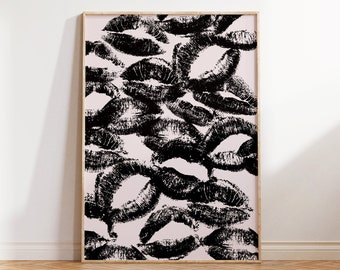 Trendy Lippenstift küsst Print, Y2k funky Wall Art, Schwarzer Mund küsst Poster, Moderne digitale Wandkunst, Frau Digitaldruck, Zungenkuss Druck