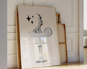 Cocktail Print, Trendy Black White Champagner Martini High Heel Leg Drink Poster, Eclectic Preppy Digital Wall Art, Retro Vintage Bar Cart
