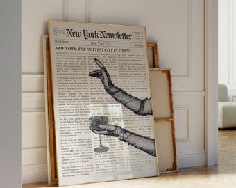 Peut inclure: Une illustration en noir et blanc d'une main gantée tenant un verre de vin. L'illustration est imprimée sur un journal avec le titre "New York: The Hottest City in Towne".