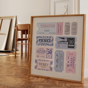Bilety Drukuj, Modny Retro Kupon Bilet Do Kina, Kwadratowy Plakat Pastelowy, Pobieranie Cyfrowe, Dekoracja Wózka Barowego, Estetyczna Sztuka Ścienna W Stylu Vintage