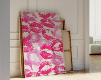 Trendy Lippenstift küsst Print, Y2K funky Wandkunst, Rosa Mund küsst Poster, Moderne digitale Wandkunst, Frau Digitaldruck, Zungenkuss Druck