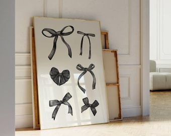 May include: A framed print of black watercolor illustrations of different types of bows. The print is on a white background and is framed in a gold frame.
