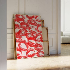 Impresión de besos de lápiz labial de moda, arte de pared funky Y2k, cartel de besos de boca roja, arte de pared digital moderno, impresión digital de mujer, impresión de beso francés