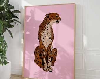 Gepard Tierdruck, eklektisches Preppy Plakat, Funky trendiger rosa Wohnheim-Raum-Druck, Retro-Maximalist Boho-Dschungel Wildkatze Leopard Wandkunst