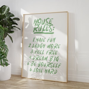 Plakat Trendy House Rules, Zielony druk cyfrowy Rules, Wydruk artystyczny Rules, Sztuka ścienna retro, Sztuka wózka barowego, Wydruk typograficzny, Wydruk Positive Vibes