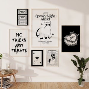 Trendy Halloween Schwarz 6er Set Drucke Gruselig Happy Halloween Kokette Funky Poster Geist Haunted House Ticket Wand Kunst Süßes Saures Poster