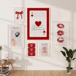 Trendiges rotes 6er-Set Drucke kokette Schleife Discokugel Funky Plakat ästhetische Wand-Kunst Studentenwohnheim Raum-Warenzeichen-Druck-Karte Spielkarte-Plakat