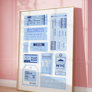 Bilety Drukuj, Modny Retro Kupon Kino Teatr Samolot Niebieski Bilet, Preppy Pastel Plakat, Bar Cart Decor, Estetyczna Sztuka Ścienna Vintage