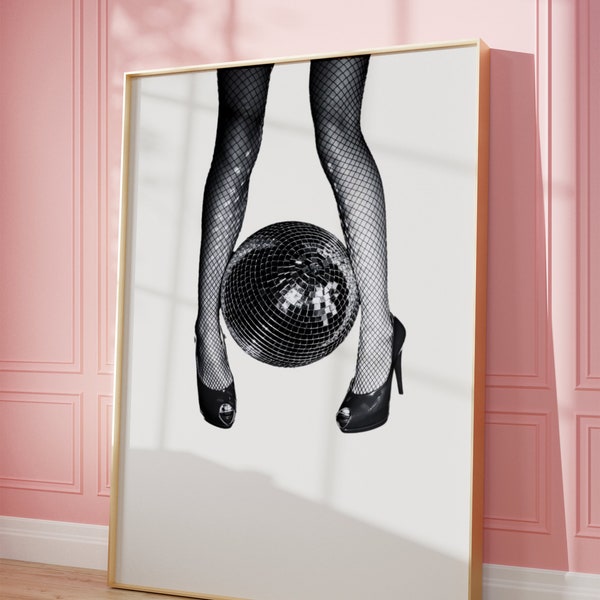 Discoball High Heels Party Print, Trendy Y2K Black & White Wall Art, Fancy Woman Legs Poster, Girly Boss Retro Funky Feminist Fashion Decor