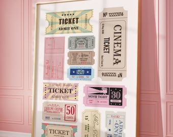 Tickets drucken, trendige Retro Coupon Kino Theaterkarte, Preppy Pastell Poster, digitaler Download, Bar Warenkorb Dekor, ästhetische Vintage Wandkunst