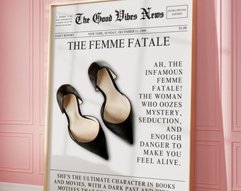 Trendy Newspaper Print, Femme fatale Poster, New York Newspaper Wall Art, Black & White y2k Female News Print, Black High Heels Girl Print