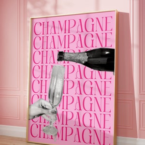 Cartel de champán, impresión de aplausos femeninos, cartel de botella de champán, arte de pared retro de moda, impresión elegante glamorosa Y2k, impresión de cóctel femenino rosa