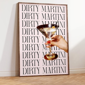 Dirty Martini-poster, martiniglas digitale muurkunst, mooie trendy kunstprint, retro jaren 90 cocktailposter, chique vintage print, barwagen print