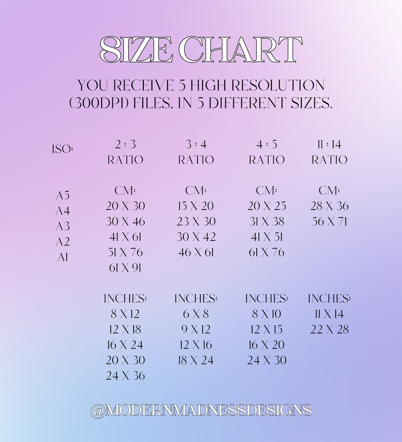 May include: Size chart for digital downloads of high-resolution images in five different sizes. The chart shows the dimensions in centimetres and inches for each size, labelled A5, A4, A3, A2, and A1. The aspect ratios are 2:3, 3:4, 4:5, and 11:14.