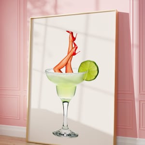 Impresión de Martini de moda, pierna de tacón alto de cóctel en cartel de bebida, arte de pared digital vibrante preppy ecléctico, carrito de bar vintage retro de Martini sucio