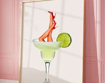 May include: A margarita glass filled with a green liquid and a lime wedge. Two legs in red high heels are submerged in the drink.