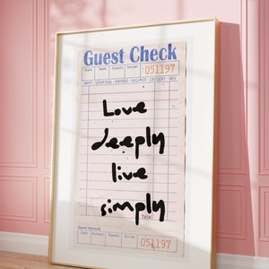 Trendy gastenchequeprint, liefde diep leef gewoon citaatposter, retro kwitantie keukendecor, leuke coole preppy eetkamer barwagen kunst aan de muur