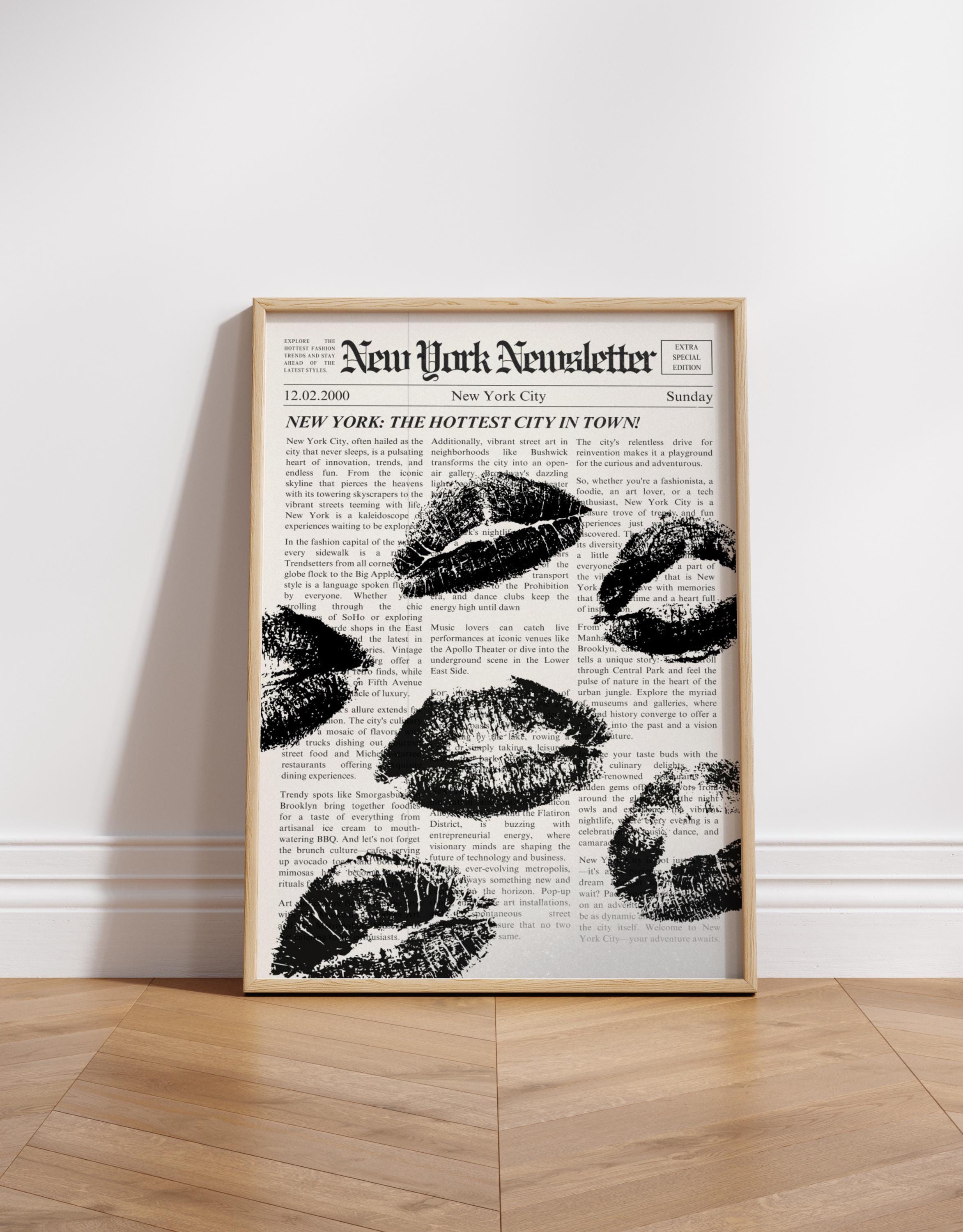 Retro Newspaper Print New York Black Lipstick Kisses Newsletter