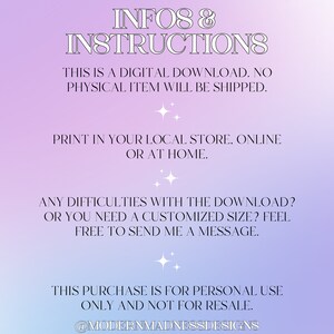 May include: An instruction sheet for a digital download, with a pink and purple gradient background. The text reads "INFOS & INSTRUCTIONS" and includes information about printing, downloading, and personal use.