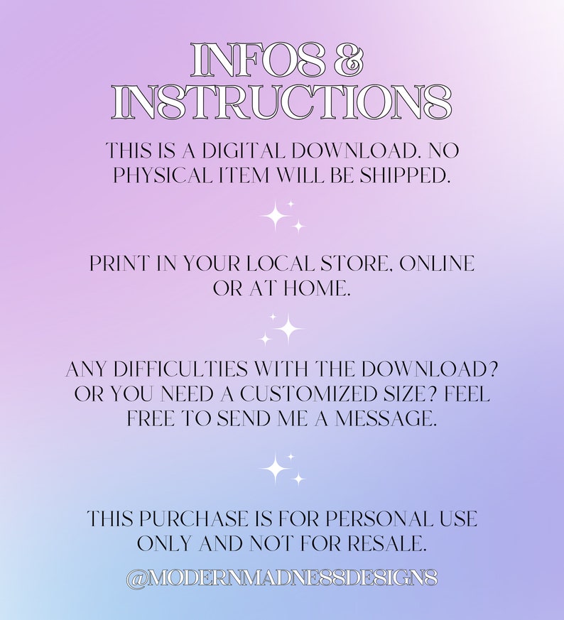 May include: An instruction sheet for a digital download, with a pink and purple gradient background. The text reads "INFOS & INSTRUCTIONS" and includes information about printing, downloading, and personal use.