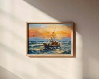 VINTAGE Painting Fishing Boat | DIGITAL Download | Oil painting | PRINTABLE ART | antique mural | Gift artwork sunset