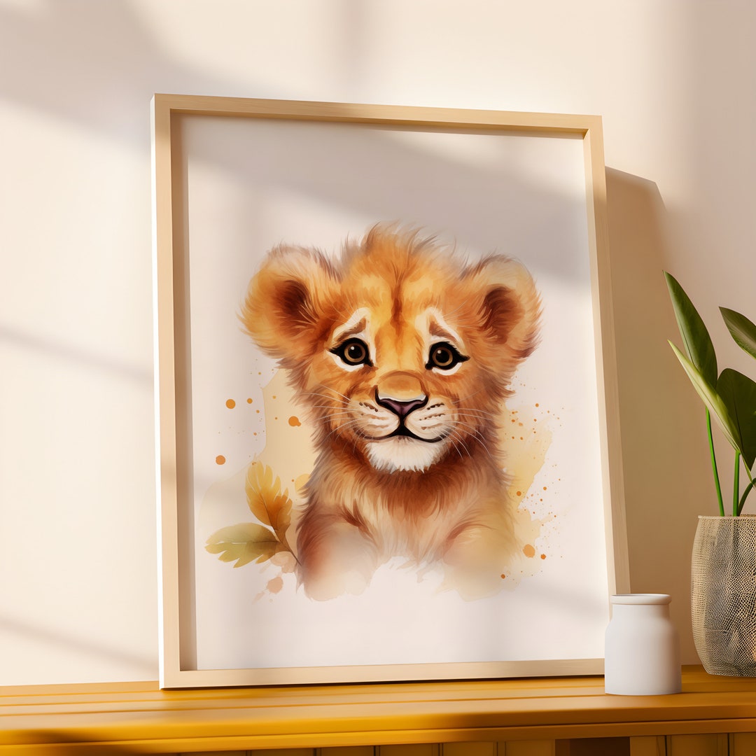 Cute Baby Lion Wall Picture in a Wooden Frame Watercolor Etsy