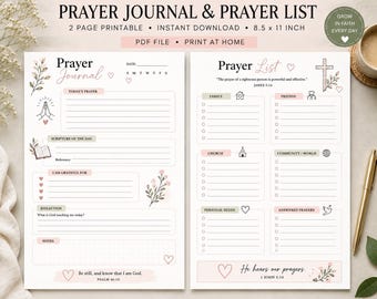 Può includere: Un set di due pagine stampabili per diario di preghiera e lista di preghiere. Le pagine bianche presentano accenti floreali rosa e verdi, icone a croce e sezioni a righe per preghiere quotidiane, scritture, gratitudine e riflessioni.