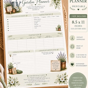 May include: A printable garden planner on a wooden clipboard, measuring 21.6 x 27.9 cm (US Letter size). It features sections for garden overview, planting plan, and supplies. Includes floral designs, the text "Garden Planner", and faith-based encouragement.