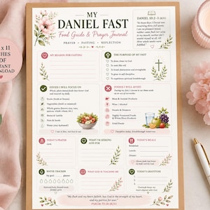 Pu&ograve; includere: Una pagina stampata di guida alimentare e diario di preghiera per il digiuno di Daniele con motivi floreali, sezioni per gli obiettivi del digiuno, liste di cibi, un tracker dell'acqua e spazi per riflessioni quotidiane, preghiere e versetti.