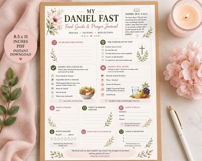 Pu&ograve; includere: Una pagina stampata di guida alimentare e diario di preghiera per il digiuno di Daniele con motivi floreali, sezioni per gli obiettivi del digiuno, liste di cibi, un tracker dell'acqua e spazi per riflessioni quotidiane, preghiere e versetti.