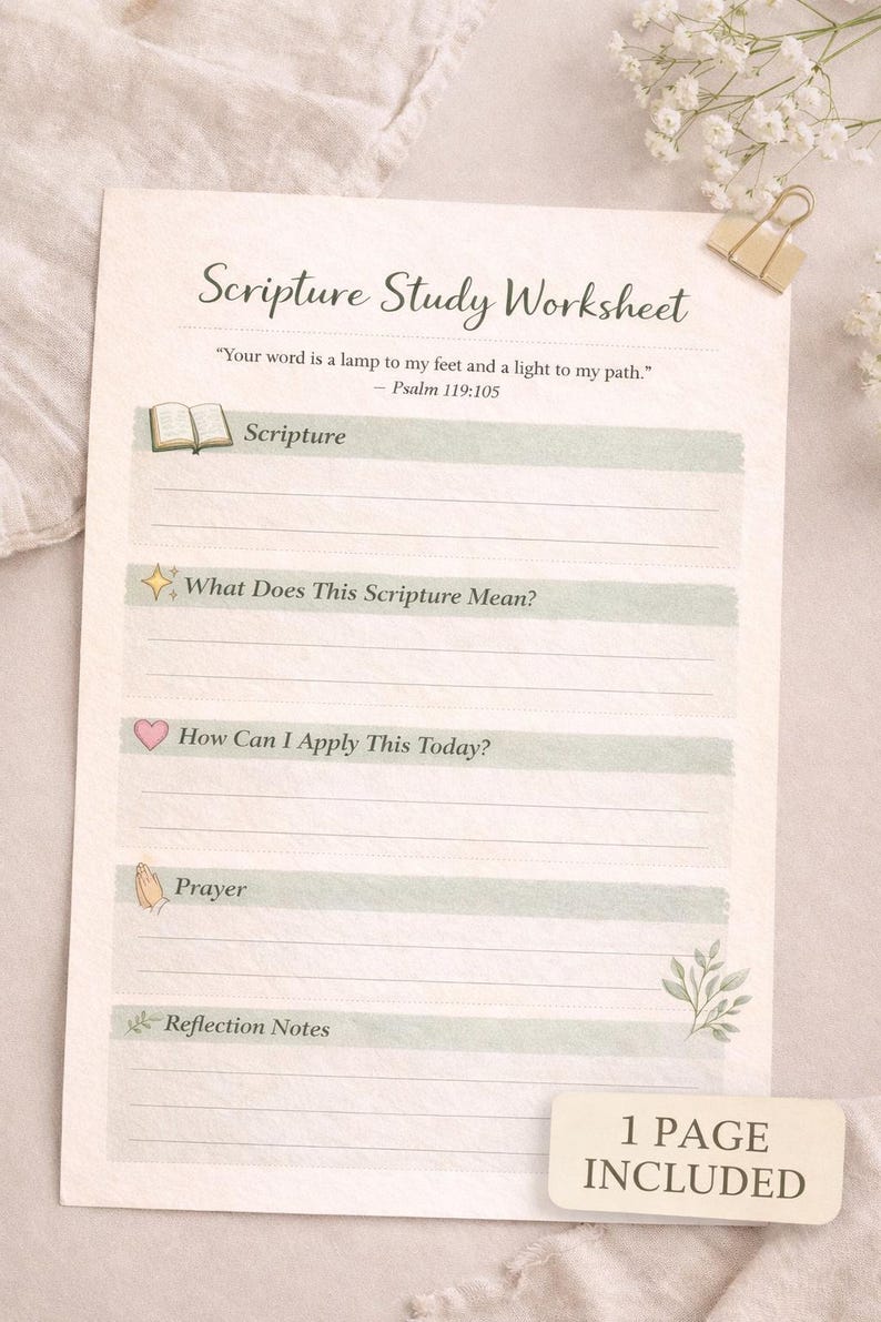 Christian Scripture Study Worksheet | Bible Reflection Page (1 Page ...