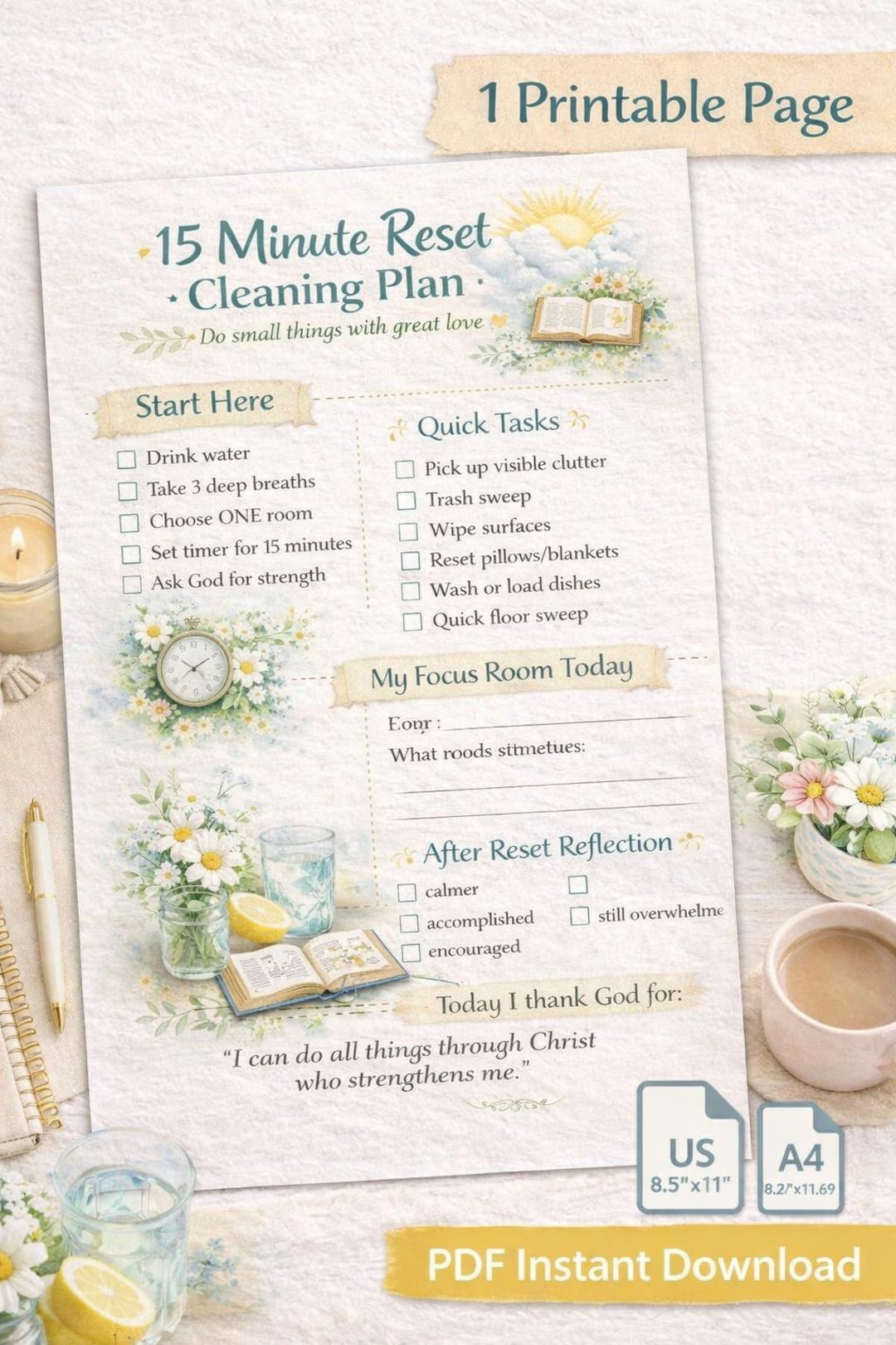 15 Minute Reset Cleaning Checklist | ADHD Cleaning Planner | Christian ...