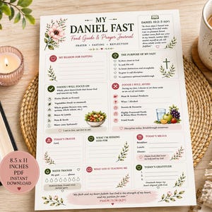 Pu&ograve; includere: Un foglio guida alimentare e diario di preghiera Daniel Fast di 21,6 x 27,9 cm con illustrazioni floreali, sezioni per obiettivi, liste di cibi, preghiera quotidiana, tracciamento acqua e gratitudine, inclusi Daniel 10:2-3 e Salmo 73:26.