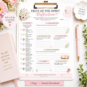 May include: A Fruit of the Spirit Reflection printable on an 8.5 x 11 inch US Letter size clipboard. The design includes floral accents, a pink pen, and a small book. The text includes the phrase "Grow in His Spirit every day."