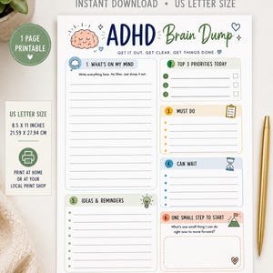 May include: ADHD Brain Dump printable on A4 paper, 21.59 x 27.94 cm. The design includes sections for priorities, ideas, and reminders. The text reads "Progress, not perfection."