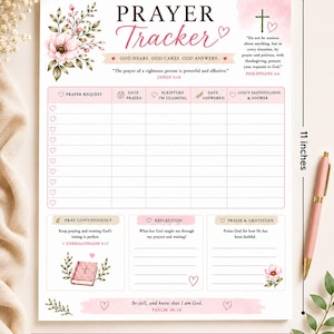 Può includere: Un tracker di preghiera stampabile con un design floreale. Il foglio in formato US Letter (circa 21,6 x 27,9 cm) include sezioni per richieste di preghiera, scritture e gratitudine. Il testo recita "Prayer Tracker".