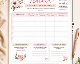 Può includere: Un foglio bianco per il monitoraggio della preghiera di 21,59 per 27,94 cm con accenti floreali rosa e testo. Include sezioni per richieste di preghiera, date, scritture e risposte, oltre a versetti biblici e aree di riflessione.
