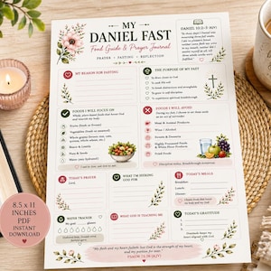 Pu&ograve; includere: Un foglio guida alimentare e diario di preghiera Daniel Fast di 21,6 x 27,9 cm con illustrazioni floreali, sezioni per obiettivi, liste di cibi, preghiera quotidiana, tracciamento acqua e gratitudine, inclusi Daniel 10:2-3 e Salmo 73:26.