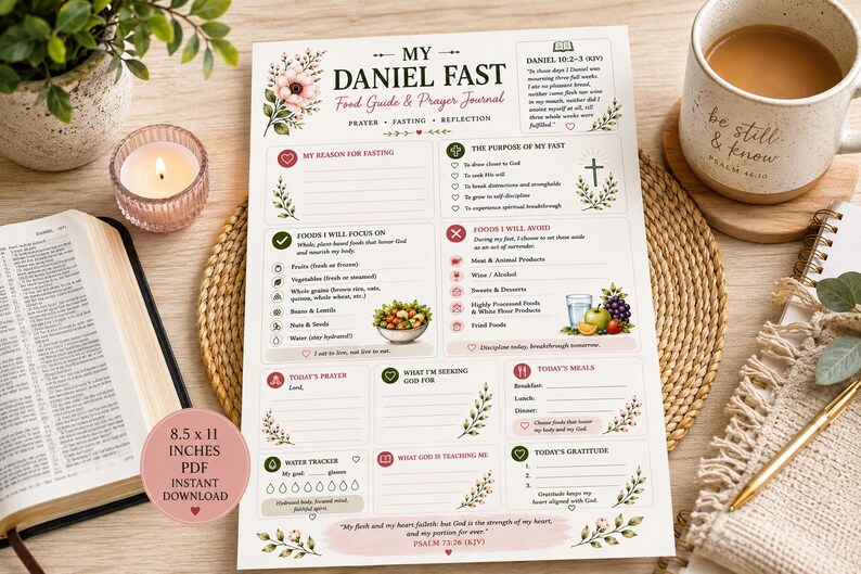 Pu&ograve; includere: Un foglio guida alimentare e diario di preghiera Daniel Fast di 21,6 x 27,9 cm con illustrazioni floreali, sezioni per obiettivi, liste di cibi, preghiera quotidiana, tracciamento acqua e gratitudine, inclusi Daniel 10:2-3 e Salmo 73:26.