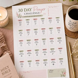 Könnte beinhalten: Ein ausdruckbares 30-Tage-Gebets-Challenge-Blatt auf weißem Papier mit rosa und grünen Akzenten. Es enthält ein Raster aus dreißig nummerierten Feldern, jedes mit einem täglichen Gebetsthema und einem kleinen Symbol. Der Text enthält '30 DAY Prayer CHALLENGE'.