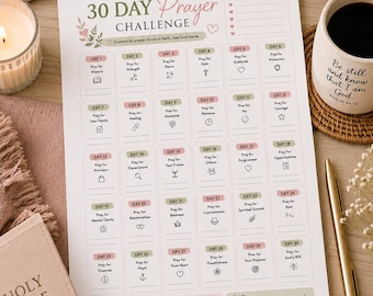 May include: A 30-day prayer challenge printable sheet on white paper with pink and green accents. It features a grid of thirty numbered boxes, each containing a daily prayer theme and a small icon. The text includes '30 DAY Prayer CHALLENGE' and 'My Prayer Goals'.