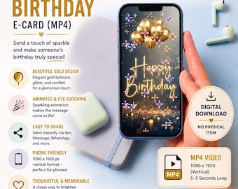 Gold Glitter Animated Birthday E-Card | Digital Phone Greeting (MP4)