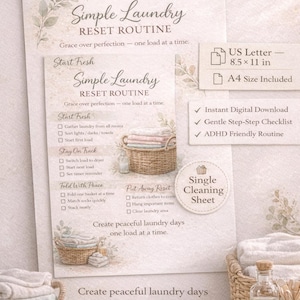 Könnte beinhalten: Ein druckbarer Wäsche-Routine-Checkliste mit dem Text "Simple Laundry Reset Routine". Das Design umfasst einen Korb mit gefalteten Handtüchern, eine Flasche und eine A4-Größenoption.